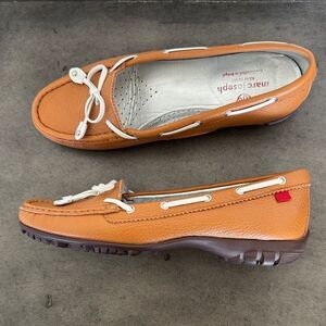 Marc Joseph New York Tan Leather Driving Loafers White Lacing Bow Flats Size 8